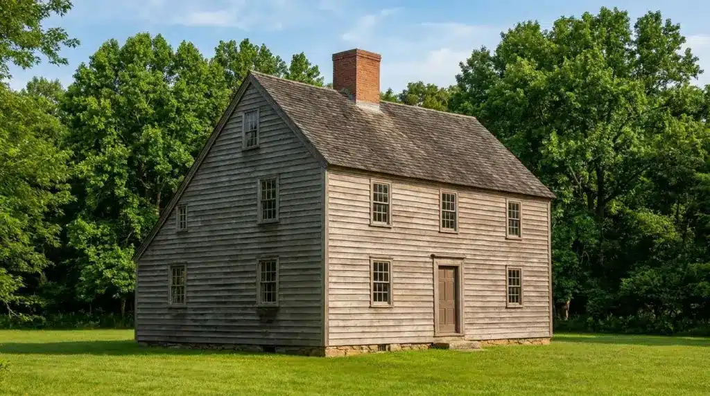 A saltbox house with weathered grey wood siding and a long sloping roof, situated in a green forest clearing.