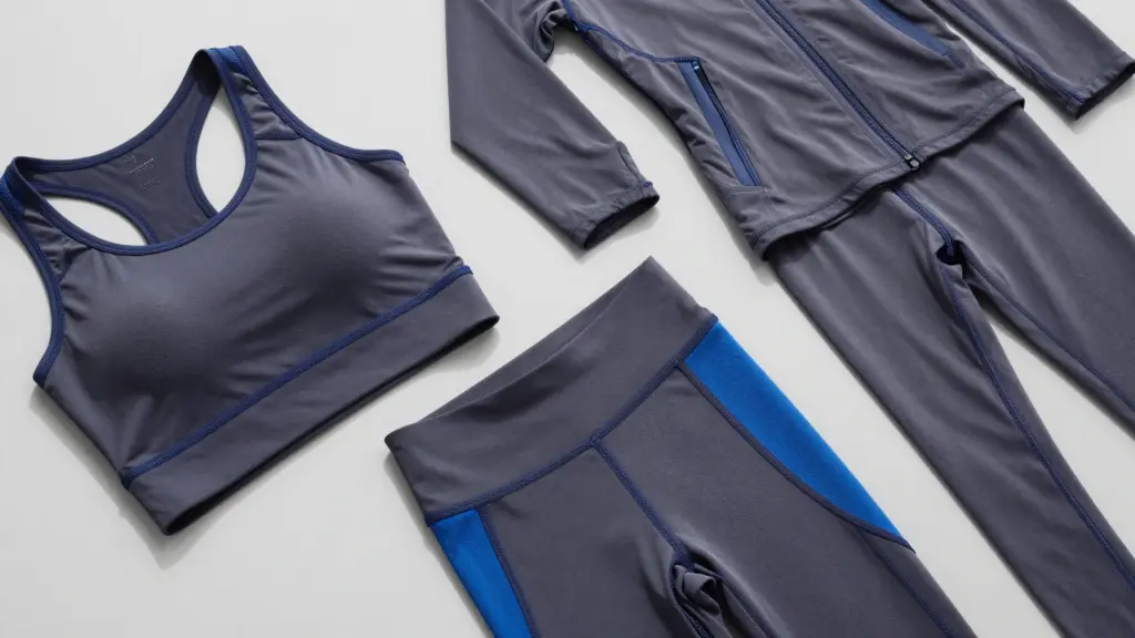A set of activewear, including a sports bra, jacket, and leggings in dark grey with blue accents, laid out flat on a light background.