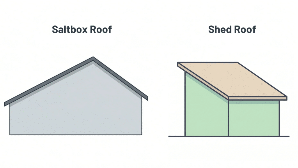 A side-by-side comparison diagram illustrating the structural differences between an asymmetrical saltbox roof and a single-slope shed roof.