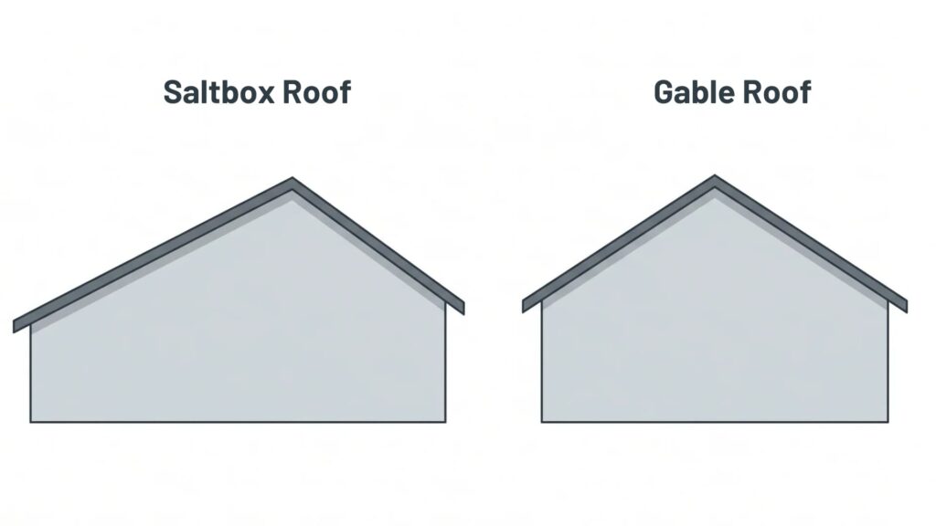 A side-by-side diagram comparing a saltbox roof with an asymmetrical slope to a standard symmetrical gable roof.
