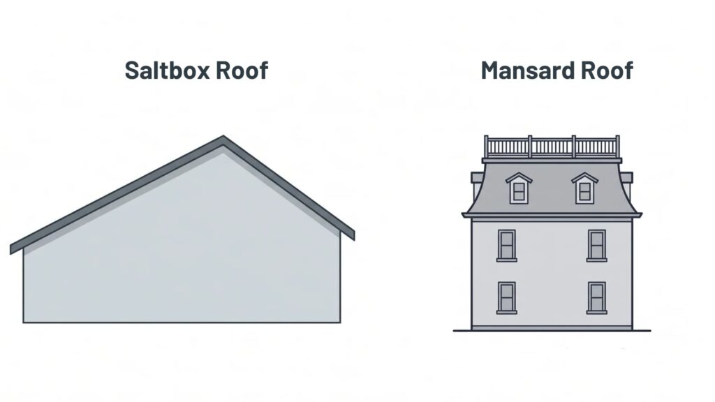 A side-by-side diagram comparing a simple asymmetrical saltbox roof to a multi-story house with a classic French mansard roof