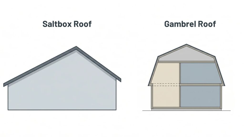 A side-by-side diagram comparing an asymmetrical saltbox roof to a double-pitched gambrel roof structure.