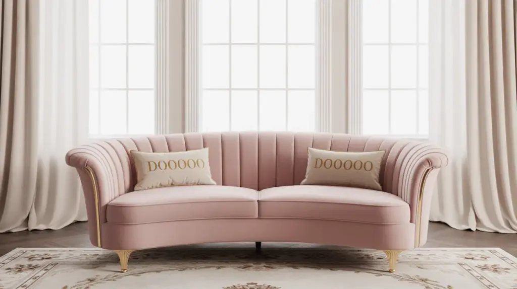 A soft pink curved sofa with gold-accented legs, placed in a living room with large windows and light curtains. It has two cushions with the word DOOOOOO written on them