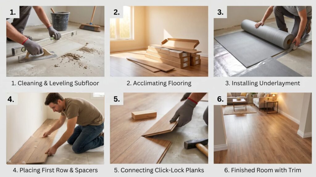 A step-by-step guide showing the process of installing a floating floor, from cleaning the subfloor to finishing the room with trim