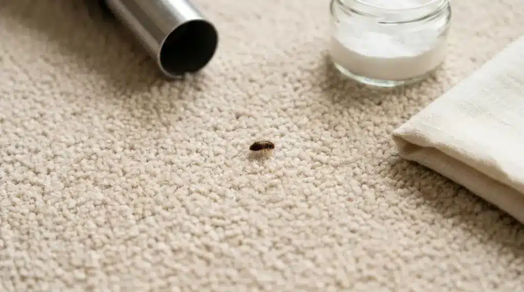 A tiny brown carpet beetle crawling on a cream-colored textured carpet next to a vacuum cleaner pipe and a glass jar.