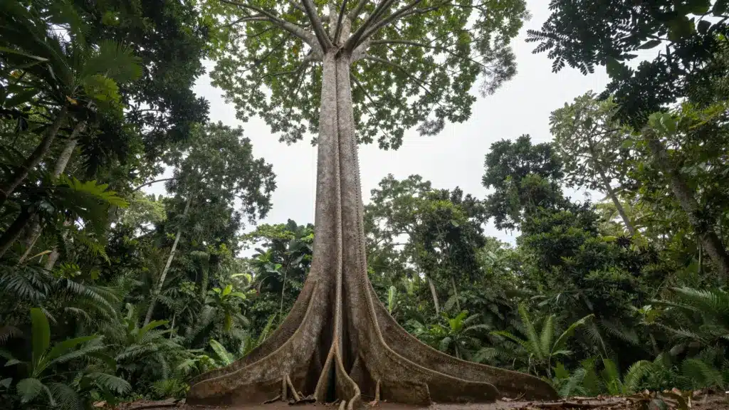 A towering Kapok tree with a broad canopy, surrounded by dense tropical rainforest vegetation, seen from the ground looking upwards