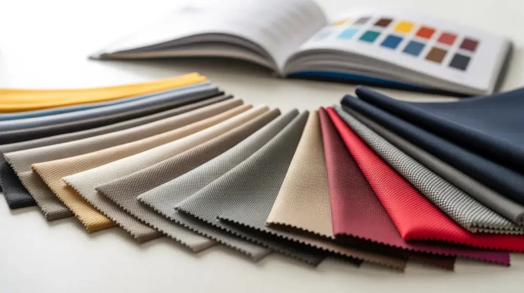 A variety of fabric swatches in different colors, including red, yellow, gray, and navy, laid out on a table next to a color sample book with fabric patterns.