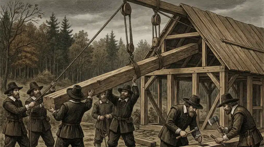 A vintage-style illustration of colonial settlers using a pulley system to lift a heavy timber beam for a saltbox house frame