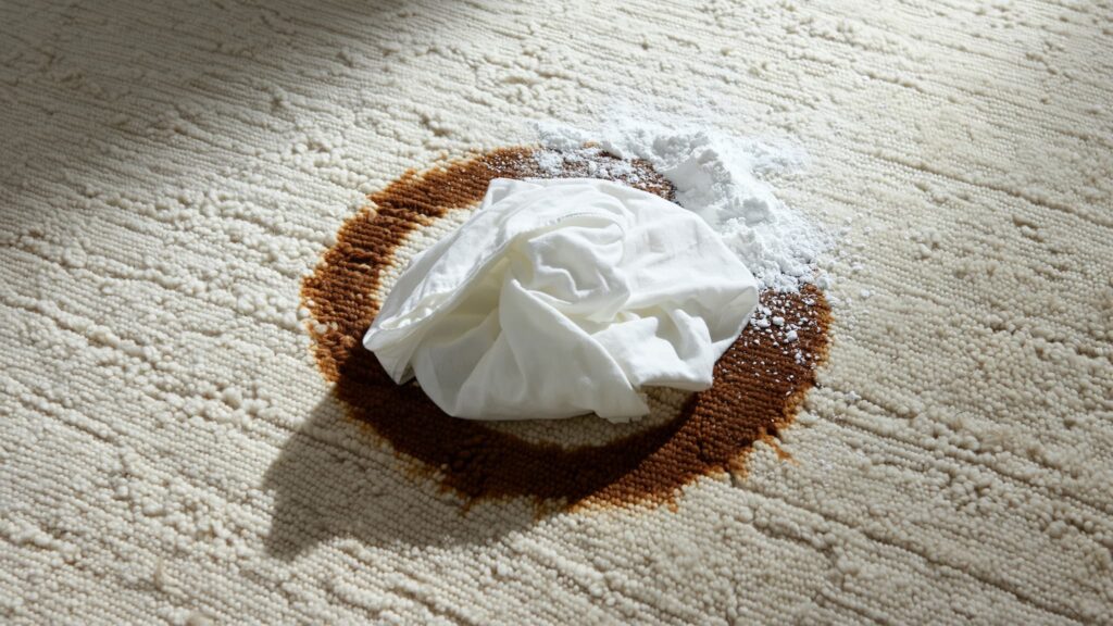 A white cloth and a pile of baking soda sit on a circular brown coffee stain on a light-colored carpet.