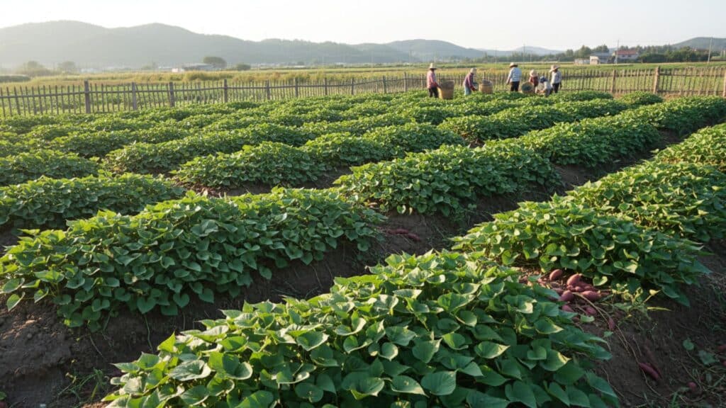 A wide view of a sweet potato field with several workers harvesting the crops. The sun is shining brightly, casting long shadows on the plants and the freshly dug tubers on the ground.