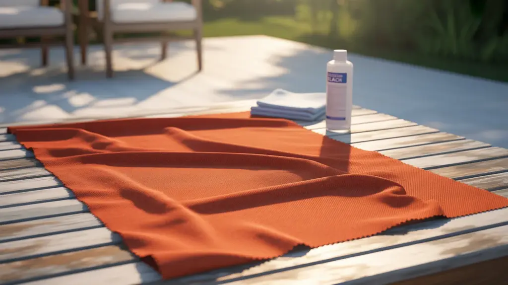 An orange acrylic fabric laid out on a wooden table with a bottle of bleach and stacked towels beside it, set in a sunlit outdoor environment
