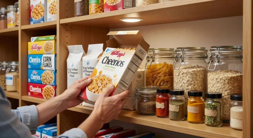 An organized kitchen pantry with dry goods like pasta and grains stored in sealed, airtight plastic containers
