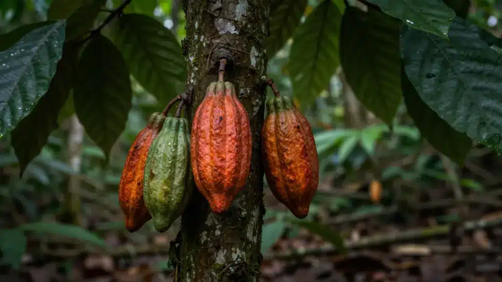 Cocoa pods in various stages of ripening hanging from the trunk of a cacao tree, with green and reddish hues, surrounded by large green leaves.