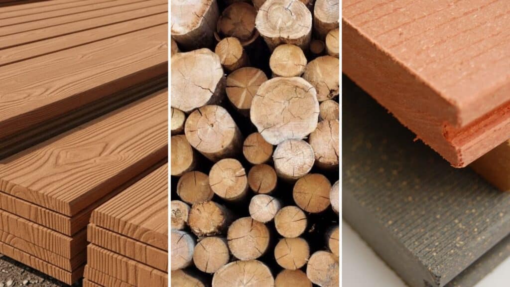Comparison of polywood, wood, and composite materials with images of wood planks, logs, and composite boards.
