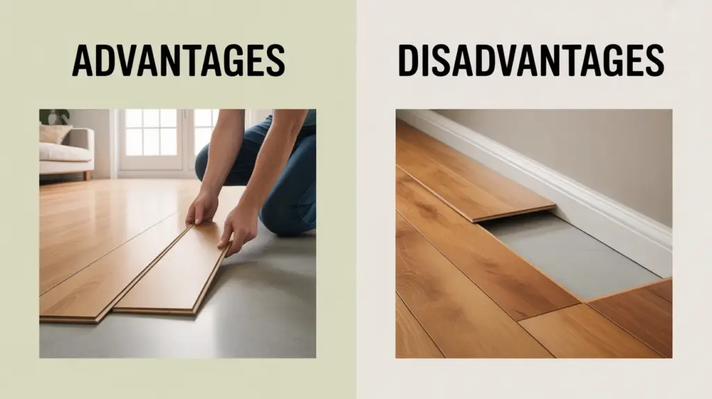 Comparison of the advantages and disadvantages of floating floors, showing the installation process on the left and a gap between planks on the right.