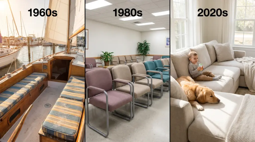 Image showing seating styles across three decades 1960s with striped cushions on a sailboat, 1980s with waiting room chairs, and 2020s with a sectional sofa with a toddler and dog.