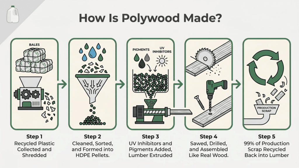 Infographic showing the five steps of making polywood, from shredding recycled plastic to recycling production scrap back into lumber.