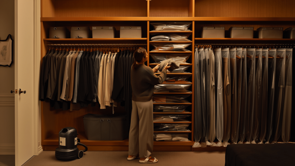 Neatly folded wool sweaters and blankets stored inside a clear, airtight plastic bin to prevent insect damage.