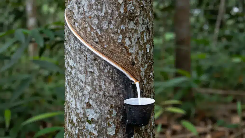 Rubber tree with latex flowing from a slit in its bark into a collection cup, surrounded by lush tropical foliage