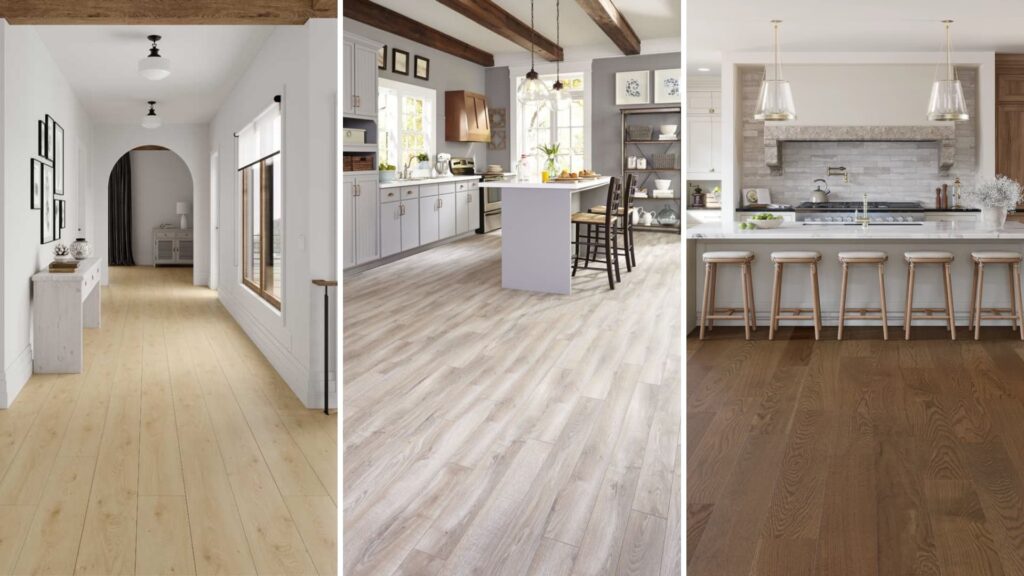 This image showcases different types of floating floors, including a light-wood hallway, a light-wood kitchen, and a dark-wood kitchen floor.