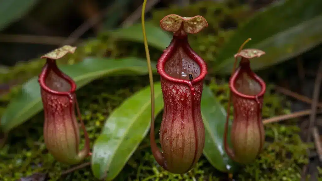 Three red and green pitcher plants with their unique tubular shape, one with a small insect resting on its lip, surrounded by lush greenery.