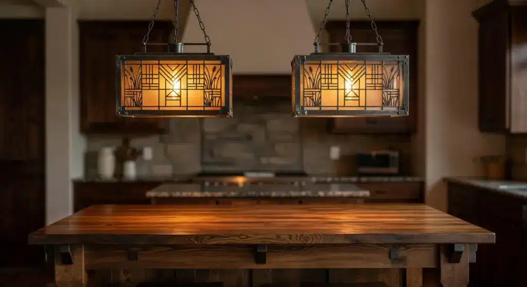 Two prairie-style pendant lights hang above a wooden island, casting warm light and complementing the rustic kitchen with dark wood cabinets and stone countertops