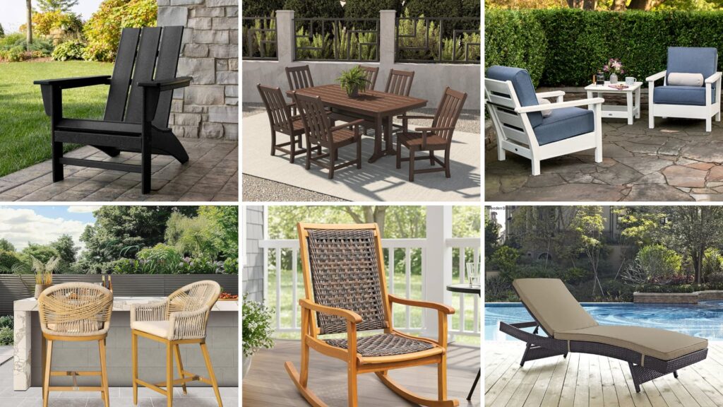 Various types of polywood outdoor furniture including chairs, tables, bar stools, rocking chairs, and lounge chairs arranged in a collage