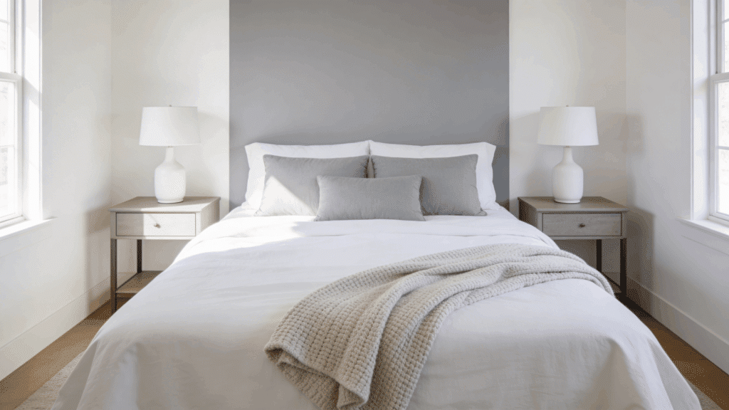 a bright bedroom with a neatly made bed soft pillows bedside tables with lamps and a folded blanket in natural light