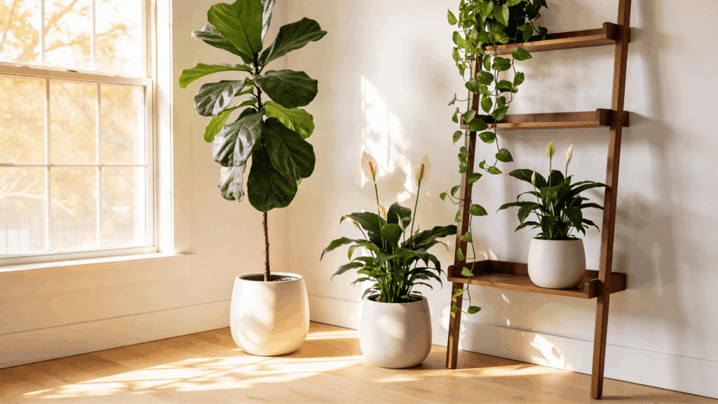 a bright corner with indoor plants in pots on a wooden floor beside a window and a ladder shelf in natural sunlight