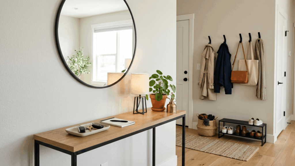 a bright entryway with a wooden console table round mirror coat hooks shoes and a small plant near the door