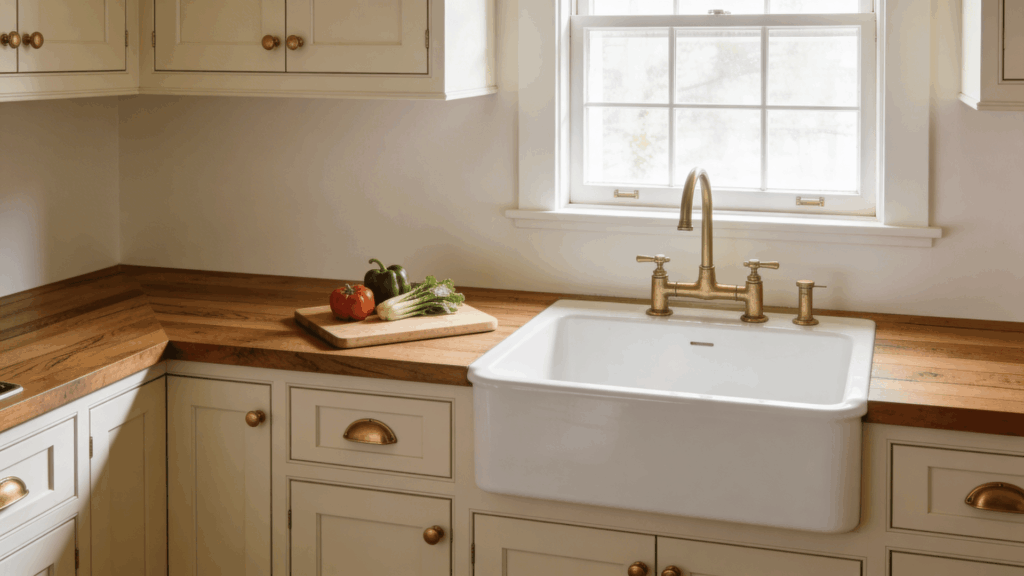 a bright kitchen with a farmhouse sink brass faucet wooden countertop and fresh vegetables on a cutting board by a window