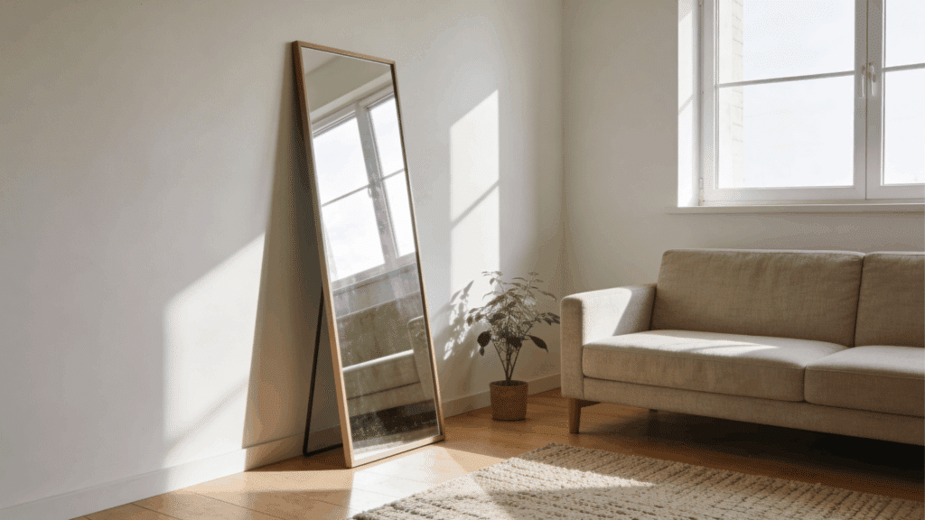 a bright living room with a sofa floor mirror potted plant and sunlight streaming through a window on wooden floor
