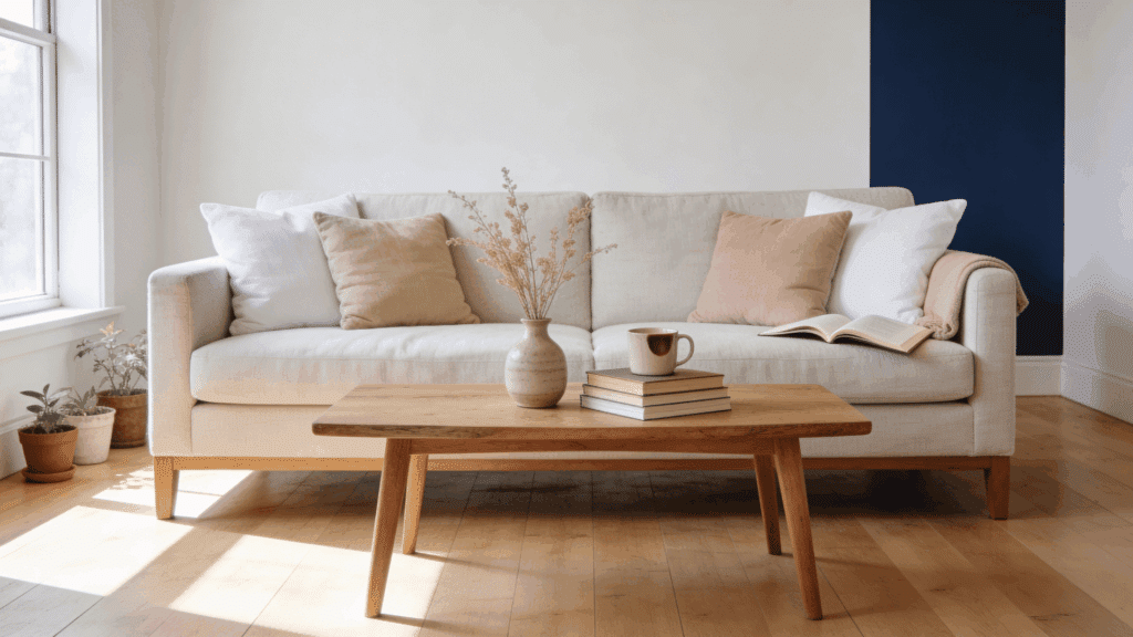 a bright living room with beige sofa pillows coffee table books mug and decor in sw alabaster coordinating colors