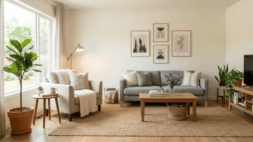 a bright living room with sofa plants and wall art showing home decor ideas the home trotters style