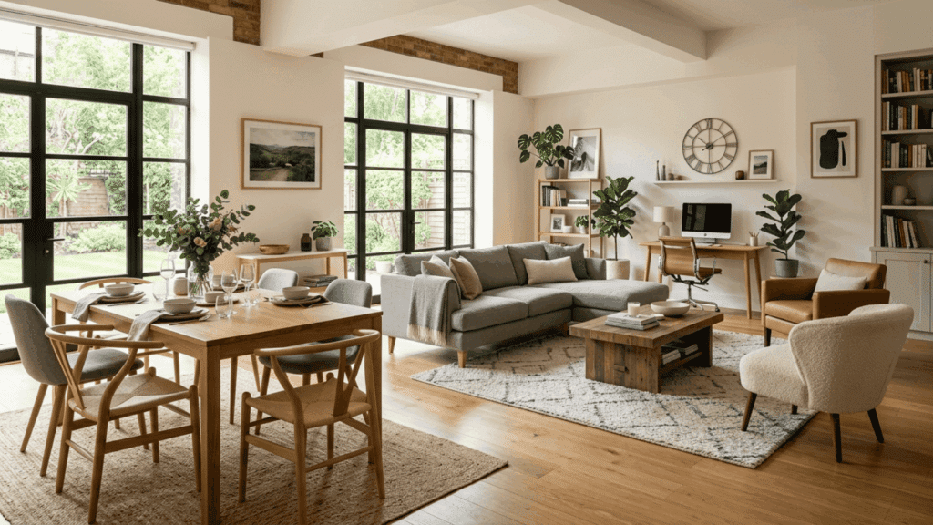 a bright open living room and dining area with wooden furniture sofa plants and large windows letting in natural light