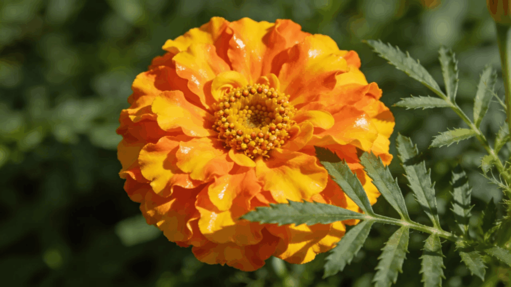 a bright orange yellow marigold flower blooming in sunlight with green leaves perennial flowers vs annual