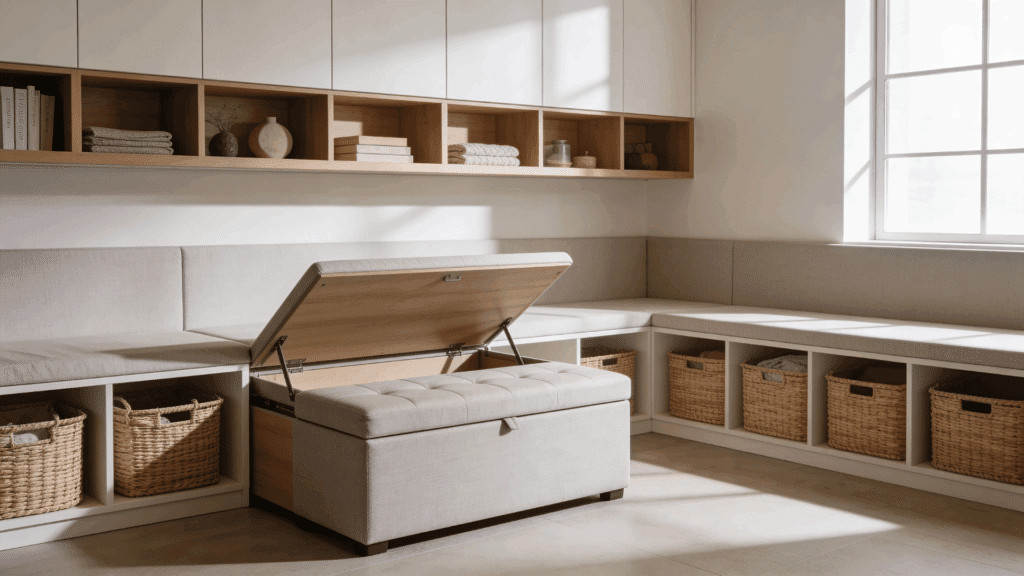 a built in bench with storage baskets and an open ottoman in a bright minimalist room with wooden shelves and sunlight