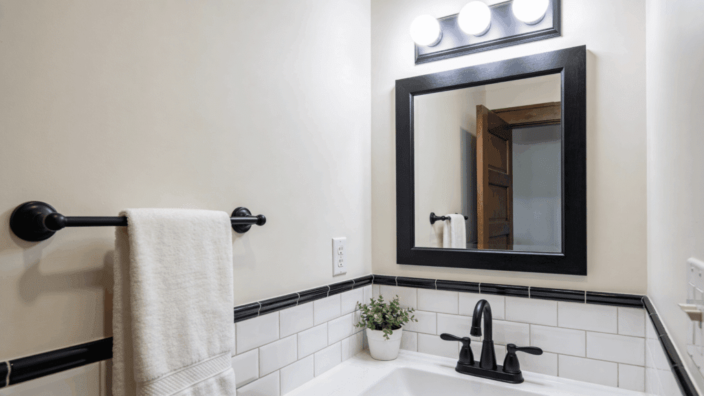 a clean bathroom with a sink black faucet white tiles a towel on a rack and a mirror with lights above reflecting a wooden door