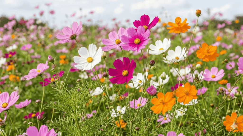 a colorful field of pink white and orange flowers in bloom perennial flowers vs annual