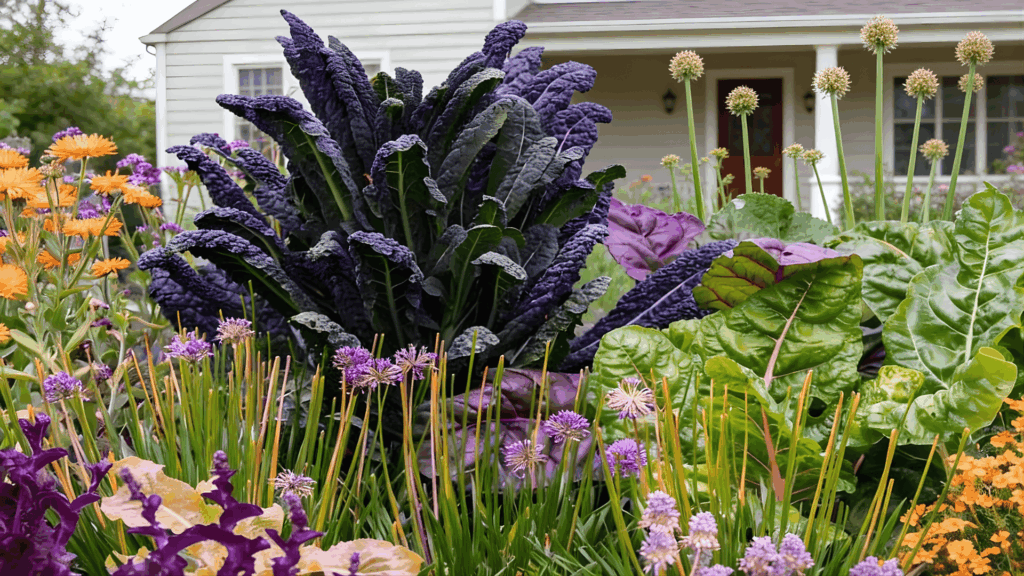 a colorful garden bed with leafy greens and flowering plants growing in front of a house fast growing plants