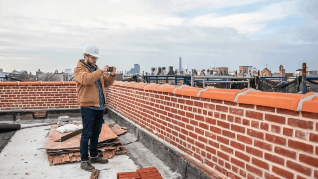 a construction worker wearing a hard hat standing on a rooftop taking a photo of a brick wall with city skyline behind parapet wall