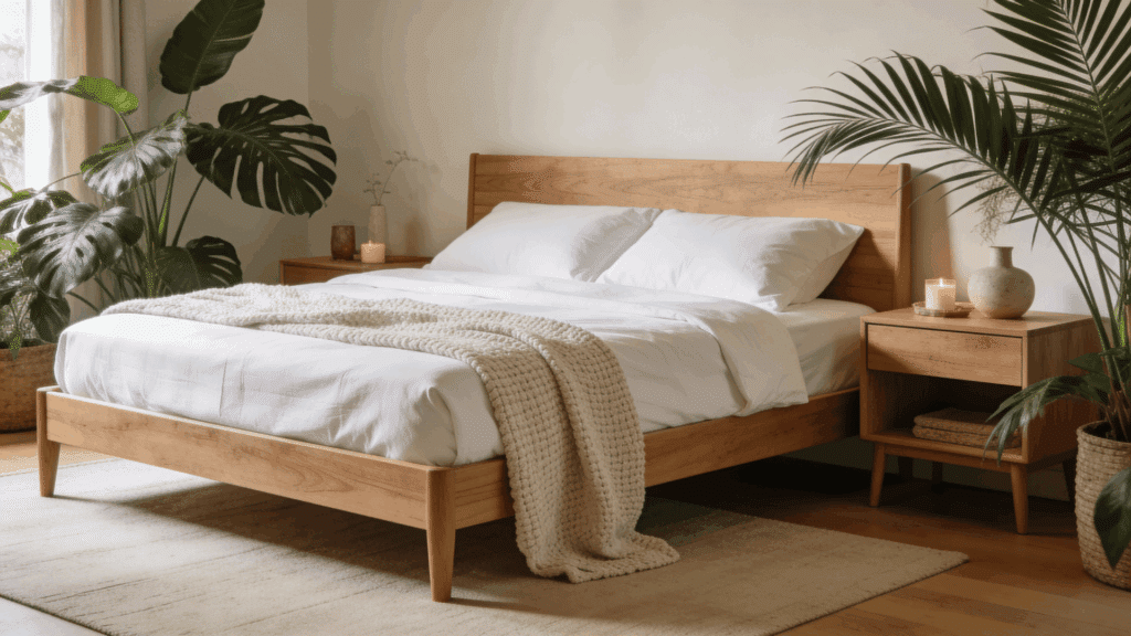 a cozy bedroom with a wooden bed white bedding bedside tables candles and indoor plants in soft natural light