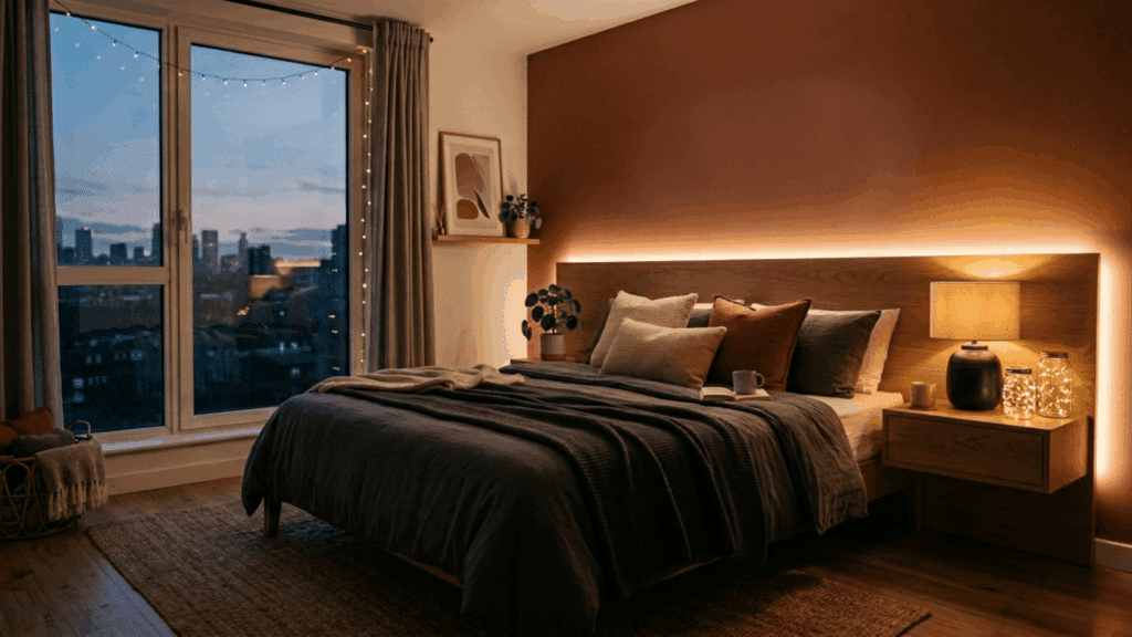 a cozy bedroom with warm lighting bed with pillows bedside lamp plants and city view through large window at dusk