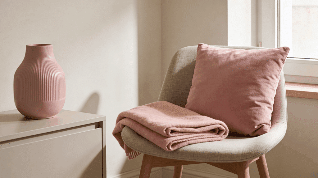 a cozy corner with a soft chair pink cushion and folded blanket beside a small table with a decorative vase near a window