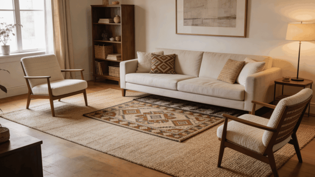 a cozy living room with a beige sofa wooden chairs patterned rug bookshelf and warm lighting near a window