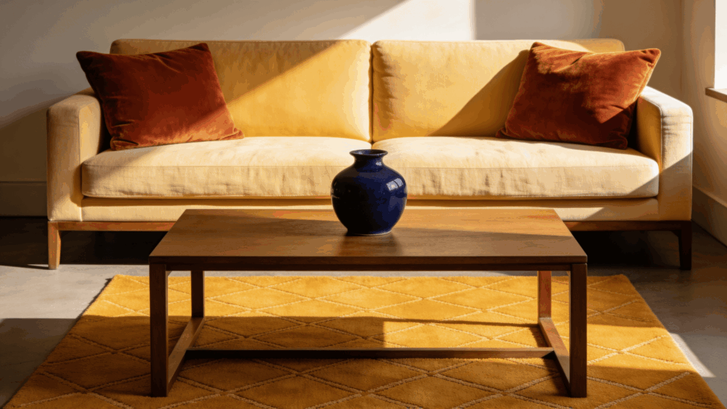 a cozy living room with a yellow sofa red cushions wooden table and a blue vase on a patterned rug in sunlight
