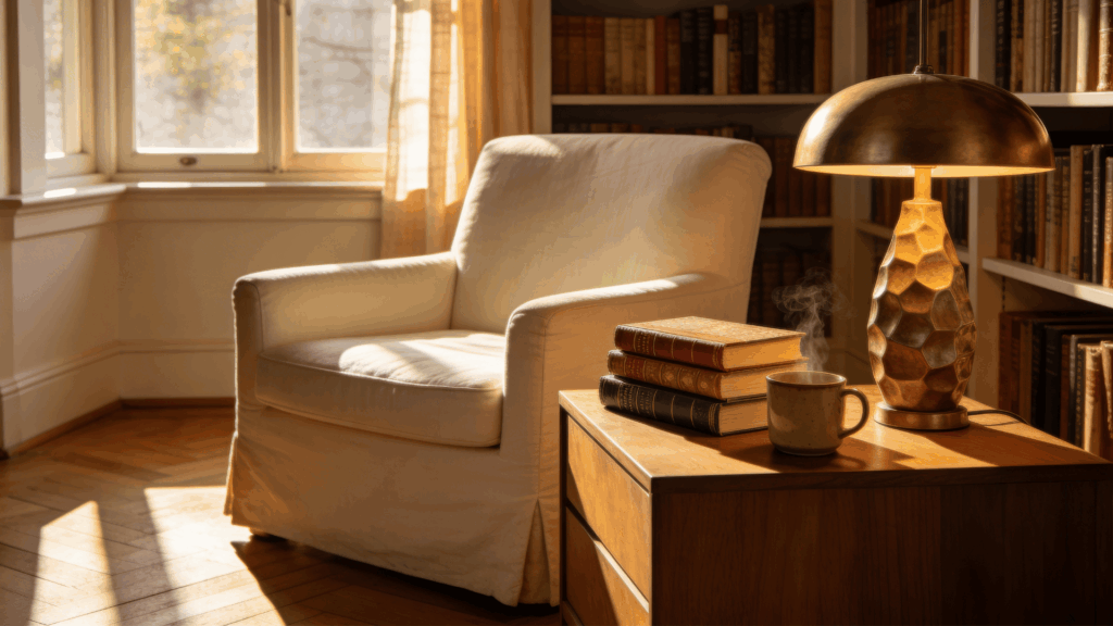 a cozy reading corner with an armchair bookshelves a lamp and a cup of coffee by a sunlit window