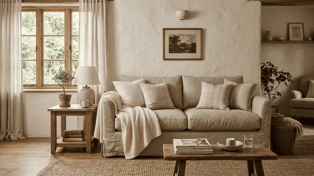 a cozy rustic living room with a beige sofa wooden table soft pillows and natural light from a window