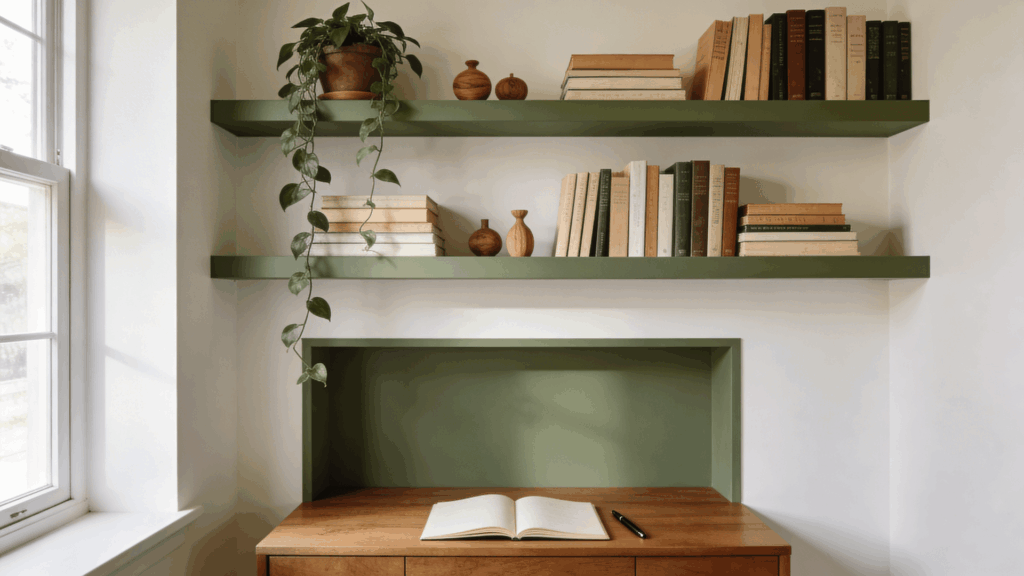 a cozy workspace with wooden desk open notebook and pen beneath green shelves filled with books and a trailing plant by a window