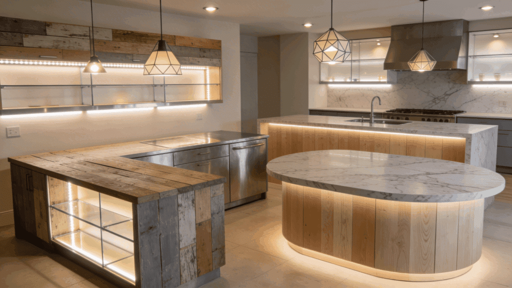 a creative diy kitchen island with built in lighting features and rustic wood finishes